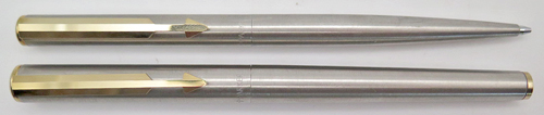 ITEM #4792: PARKER ARROW FLIGHTER FOUNTAIN PEN + TWIST PENCIL SET. BRUSHED STAINLESS STEEL WITH GOLD PLATED TRIM. FOUNTAIN PEN HAS MEDIUM "PARKER" GOLD NIB. PARKER SQUEEZE FILLING UNIT IN PEN.